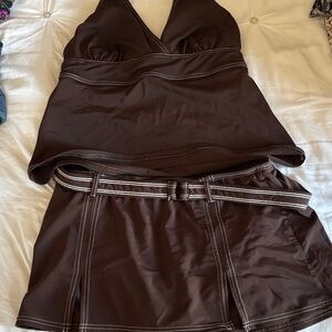 INC Brown Tankini Swim Halter Top and Skirted Bottom Set Size 8
